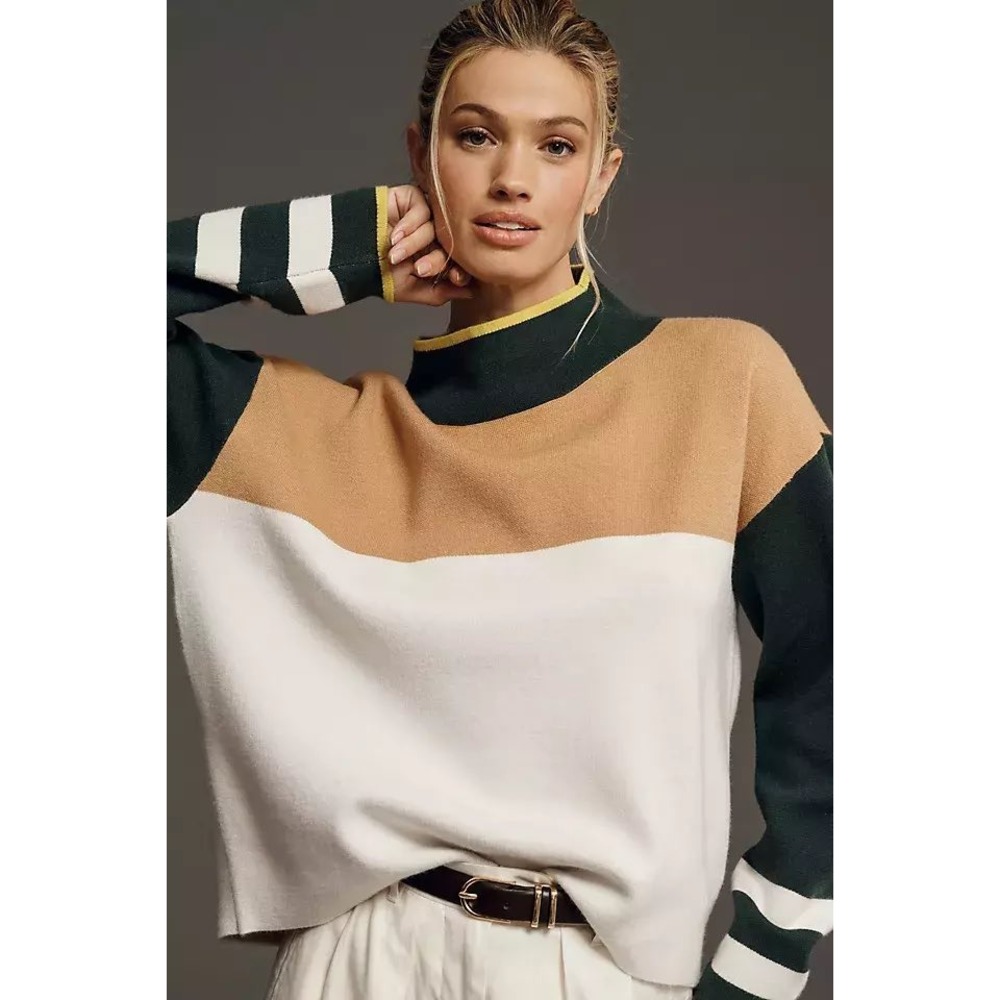 Maeve Anthropologie Carys Colorblock Mock Neck Sweater Green Tan White Large